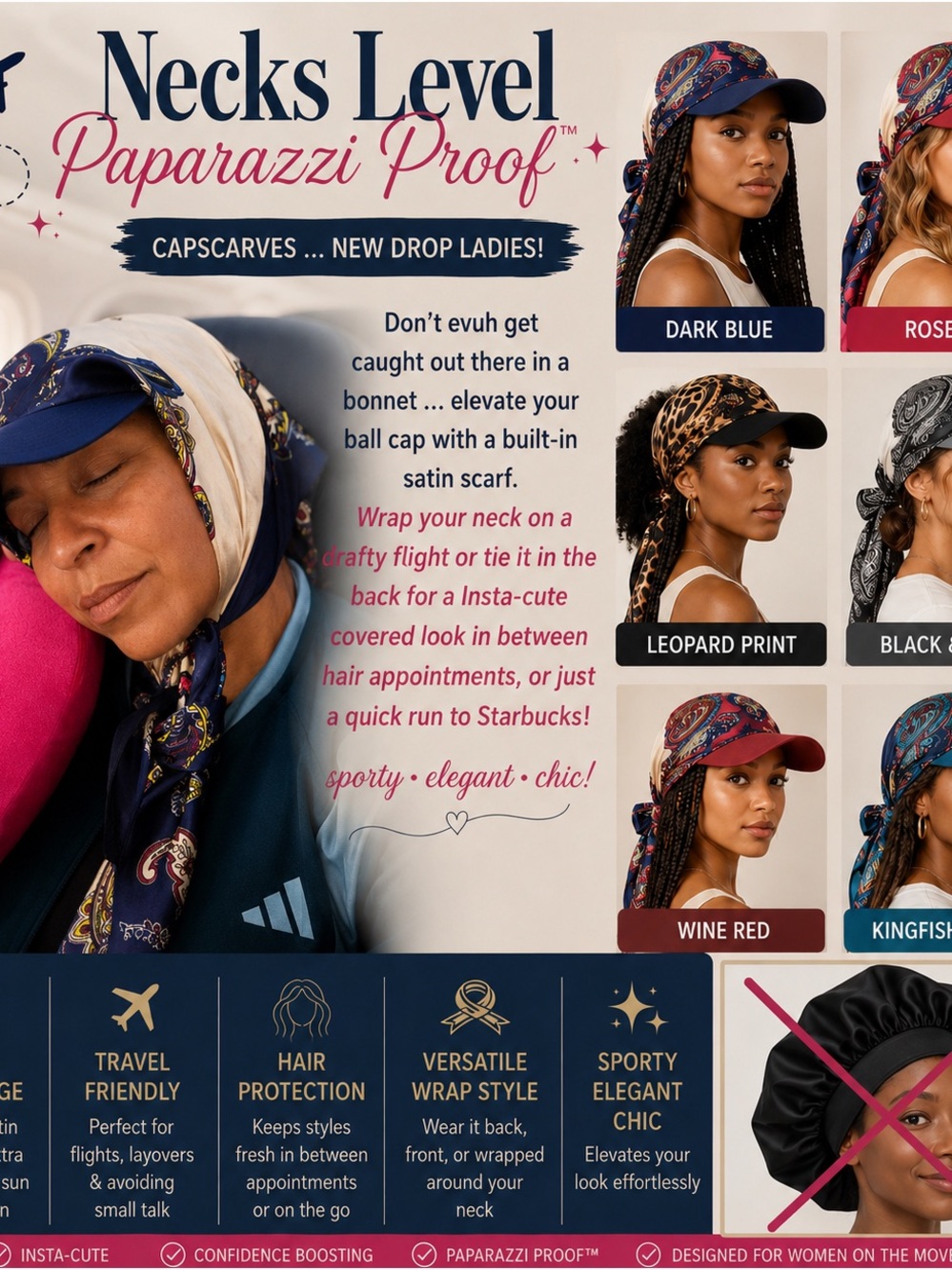 Capscarf - Navy Blue Satin Scarf Cap